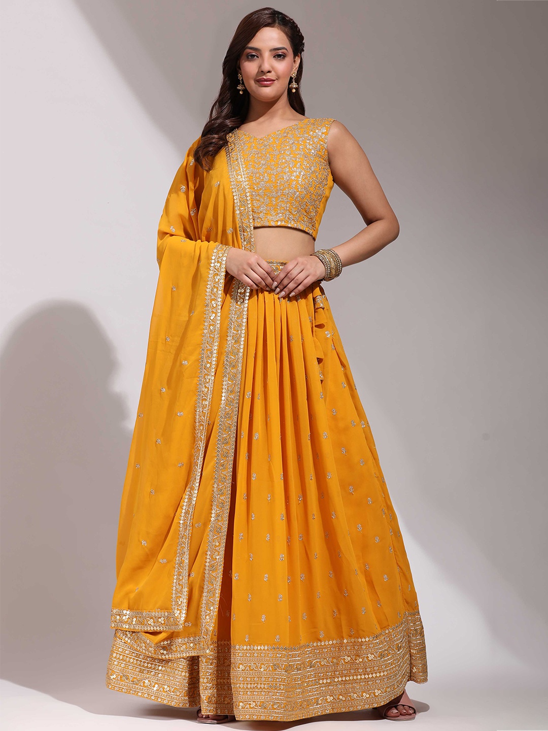 

Fabcartz Embellished Sequinned Semi-Stitched Lehenga & Unstitched Blouse With Dupatta, Yellow