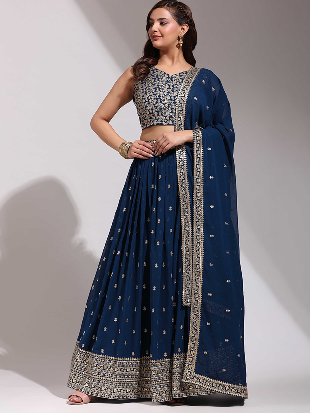 

Fabcartz Embellished Sequinned Semi-Stitched Lehenga & Unstitched Blouse With Dupatta, Navy blue