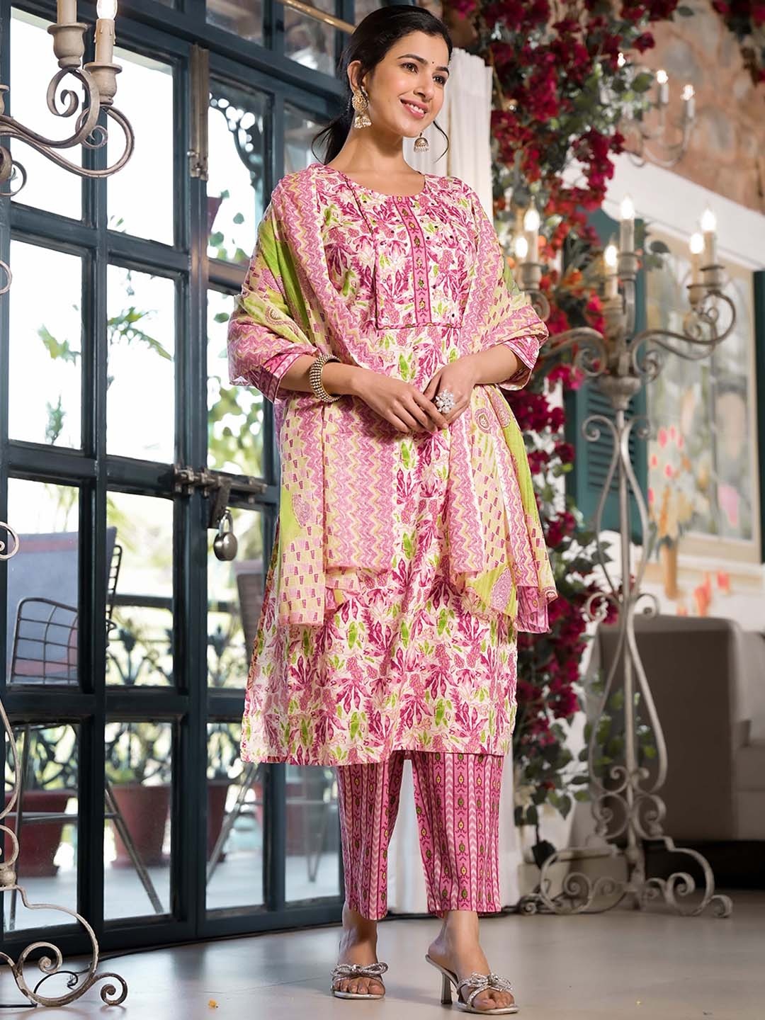 

KALINI Floral Printed Regular Mirror Work Pure Cotton Kurta ,Trousers & Dupatta, Cream
