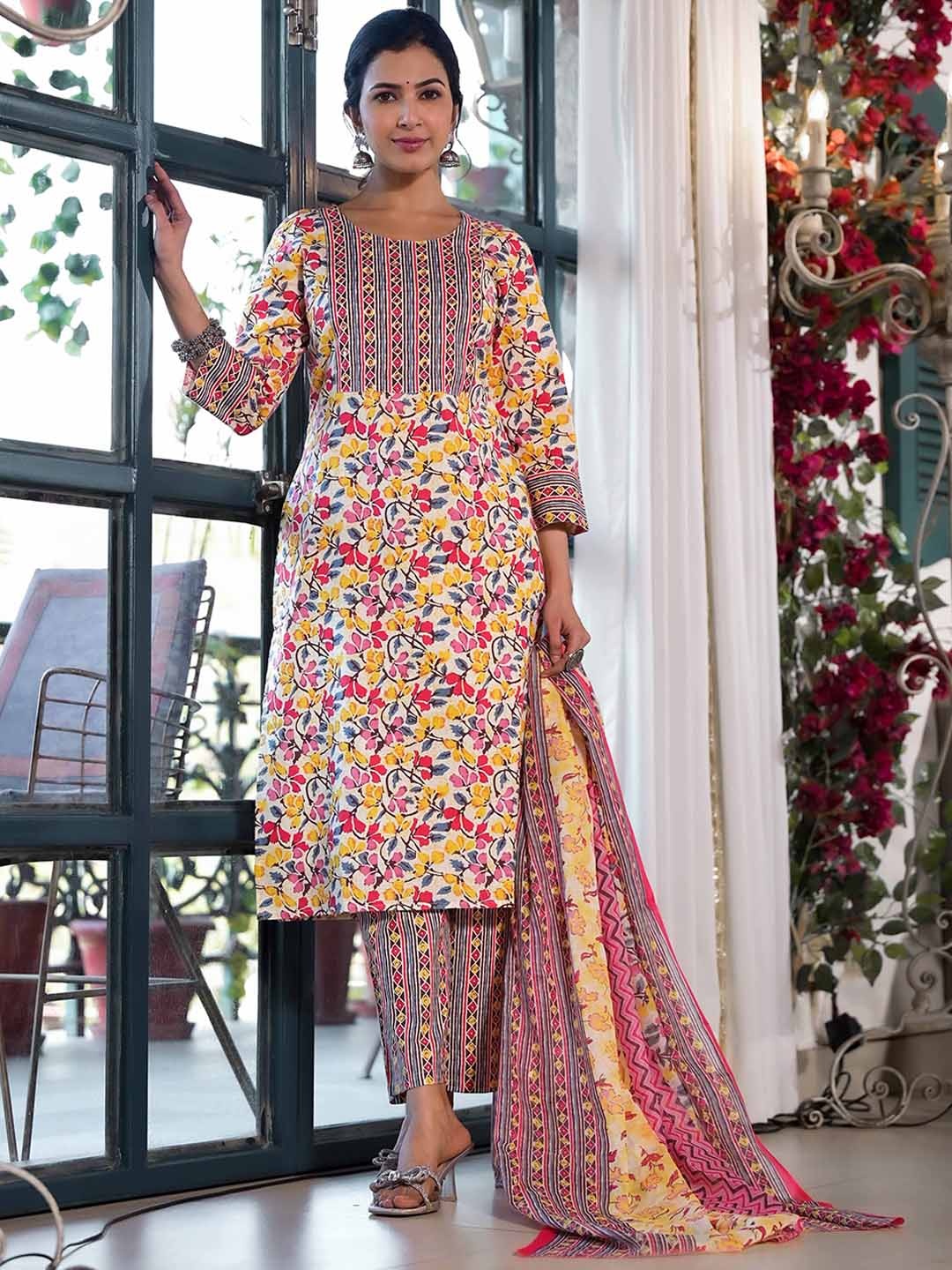 

KALINI Floral Printed Regular Mirror Work Pure Cotton Kurta With Trouser & Dupatta, Cream