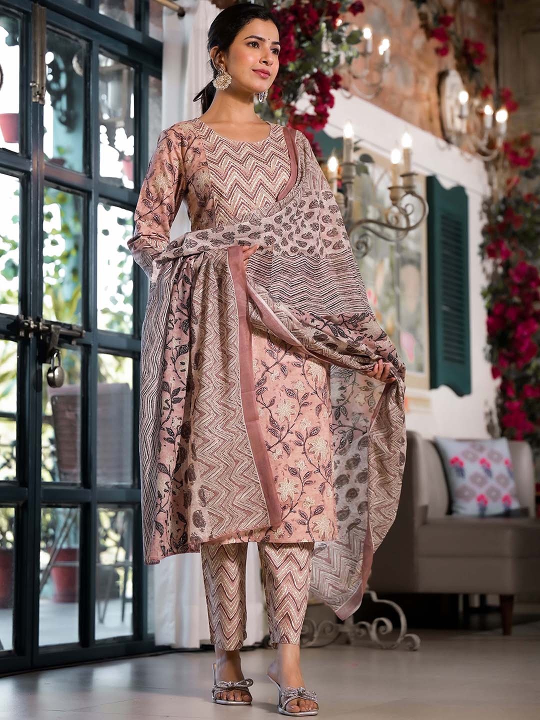 

KALINI Floral Printed Regular Thread Work Pure Cotton Kurta with Trouser & Dupatta, Peach