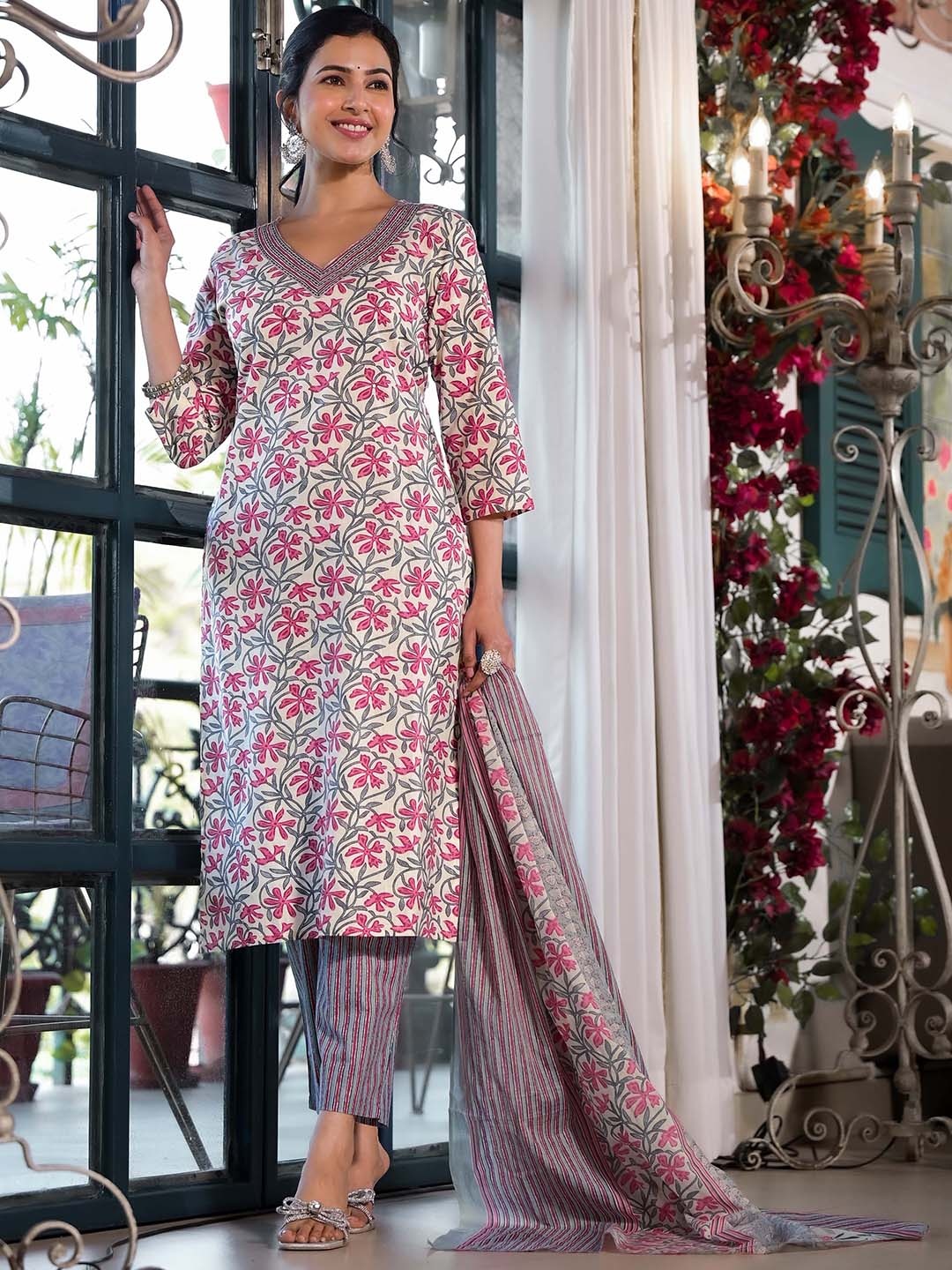 

KALINI Floral Printed Regular Thread Work Pure Cotton Kurta ,Trousers & Dupatta, Cream