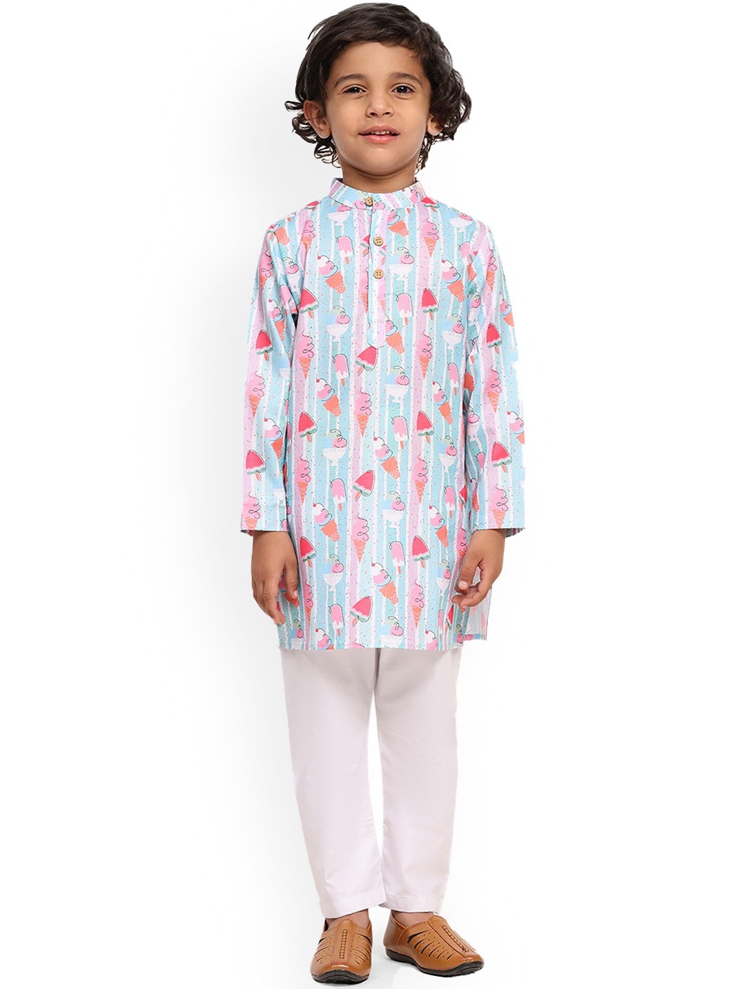 

BAESD Boys Abstract Printed Mandarin Collar Linen Straight Kurta With Pyjama, Blue