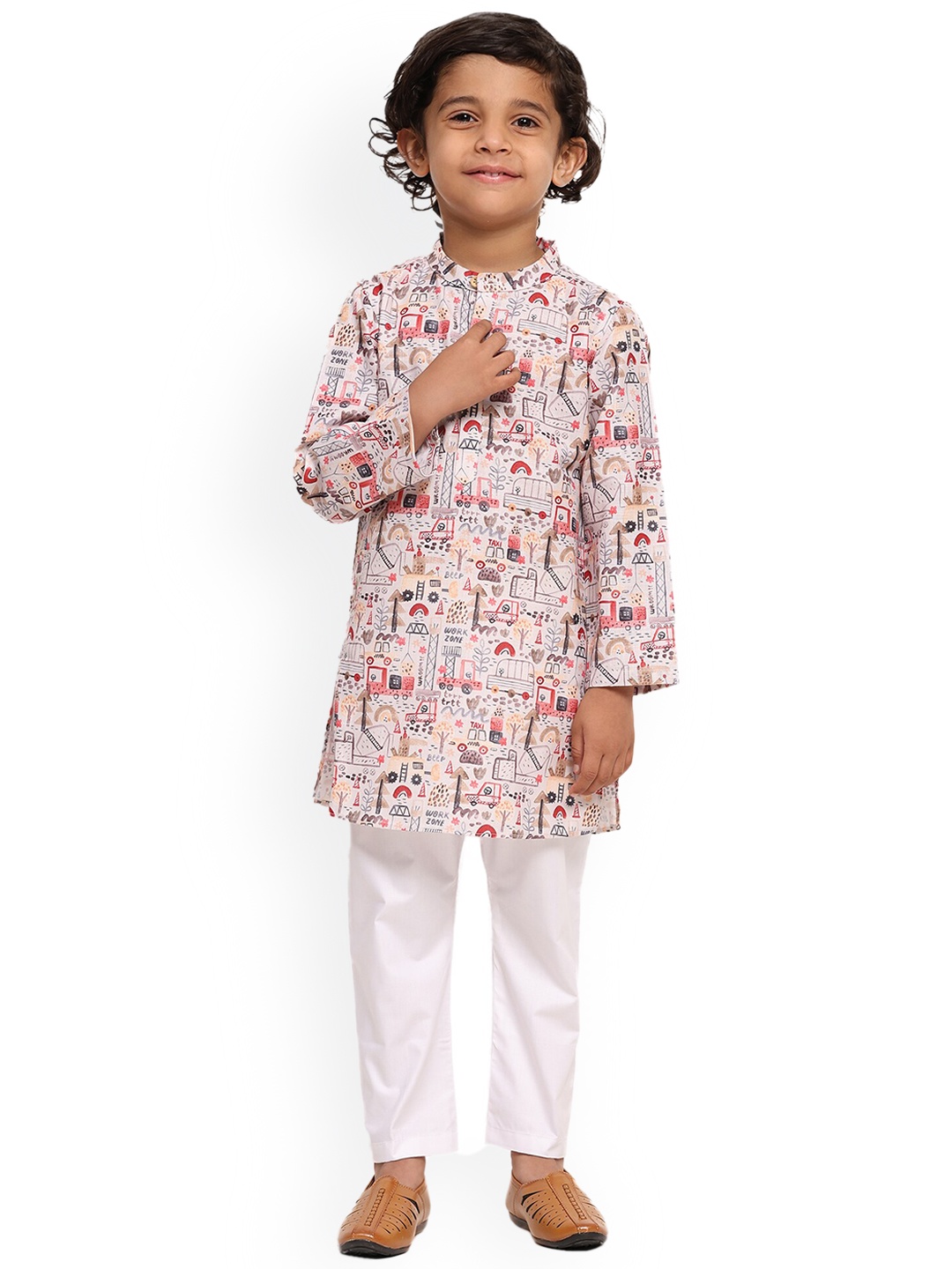 

BAESD Boys Abstract Printed Mandarin Collar Linen Straight Kurta With Pyjama, Beige