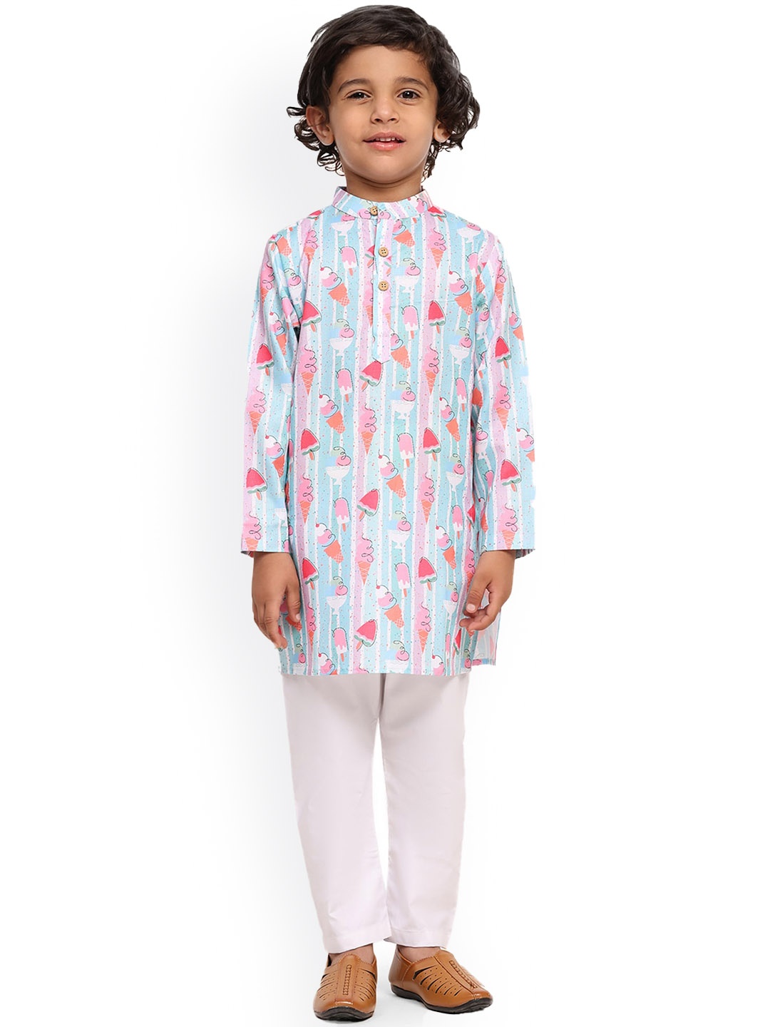 

BAESD Boys Conversational Printed Mandarin Collar Linen Straight Kurta with Pyjamas, Blue