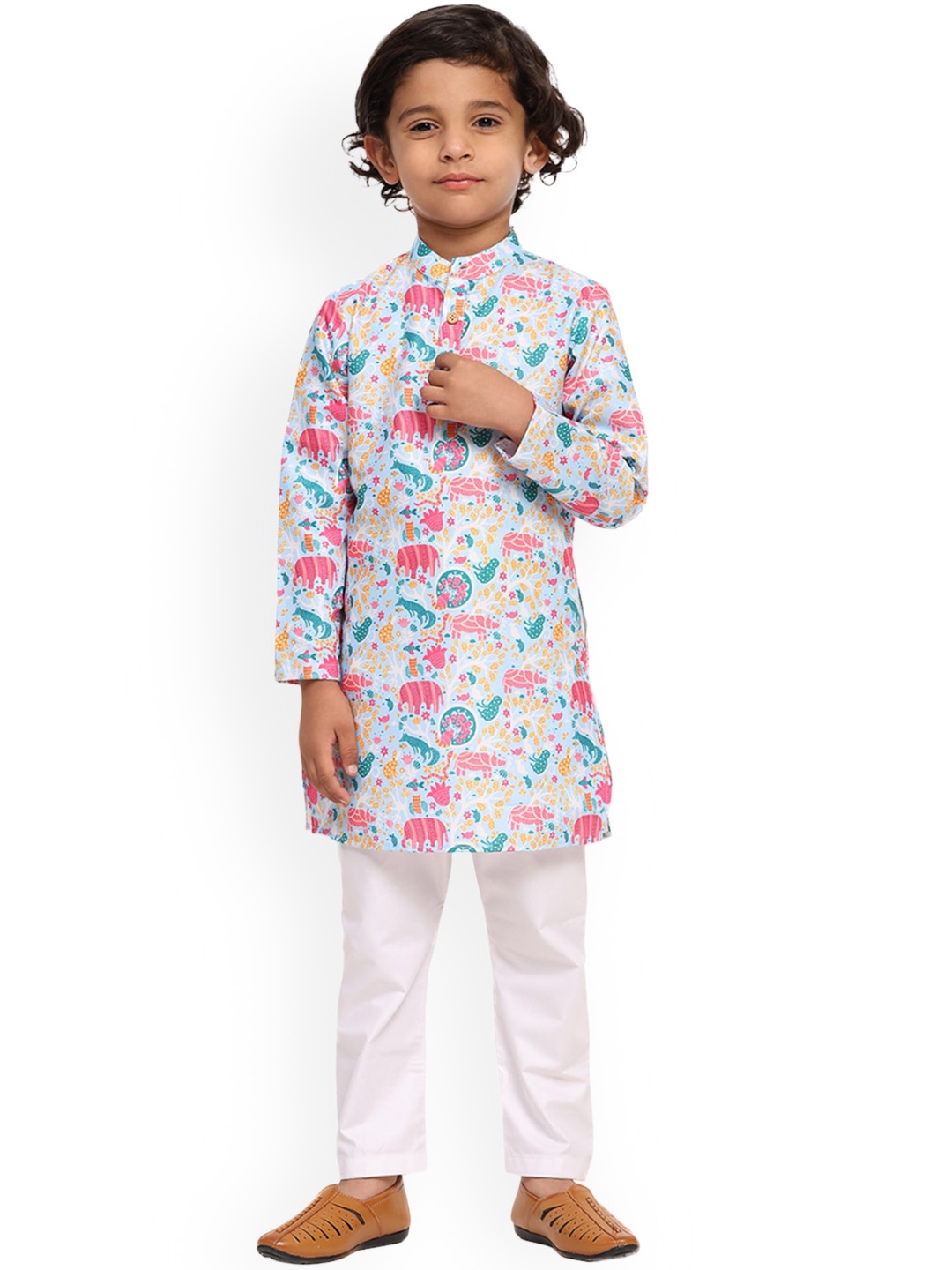 

BAESD Boys Animal Printed Regular Linen Kurta with Pyjamas, Blue