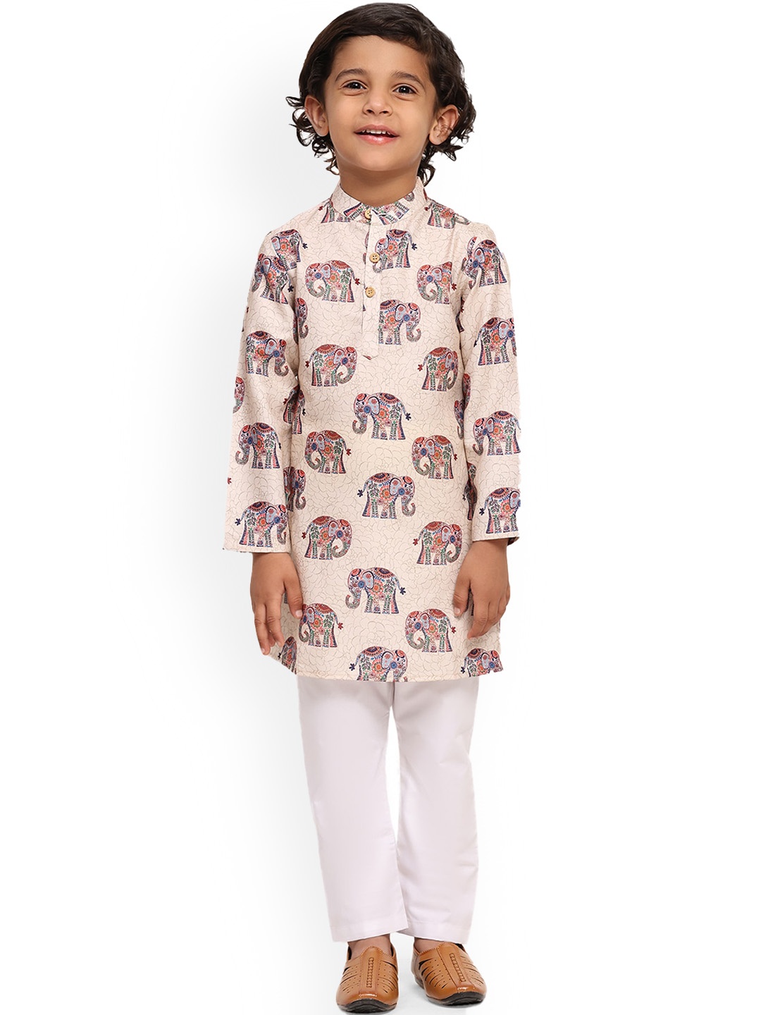 

BAESD Boys Abstract Printed Mandarin Collar Knee Length Linen Straight Kurta With Pyjama, Beige