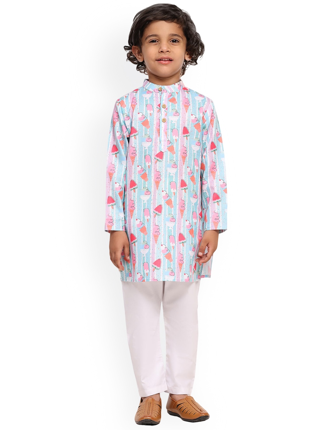 

BAESD Boys Printed mandarin Collar Regular Linen Straight Kurta With Pyjamas, Blue