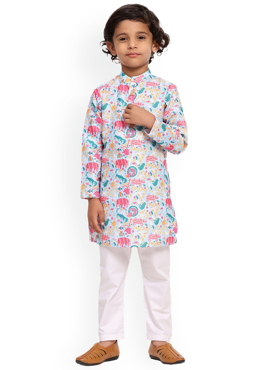 

BAESD Boys Abstract Printed Mandarin Collar Knee Length Linen Straight Kurta With Pyjama, Blue