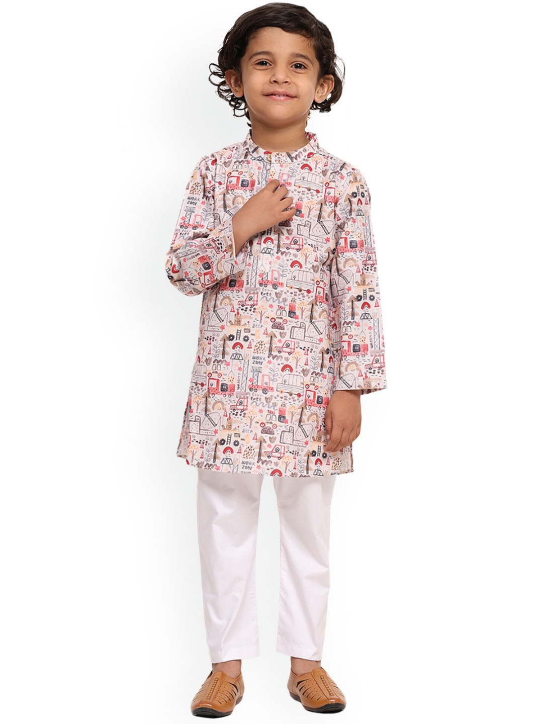 

BAESD Boys Abstract Printed Mandarin Collar Knee Length Linen Straight Kurta With Pyjama, White