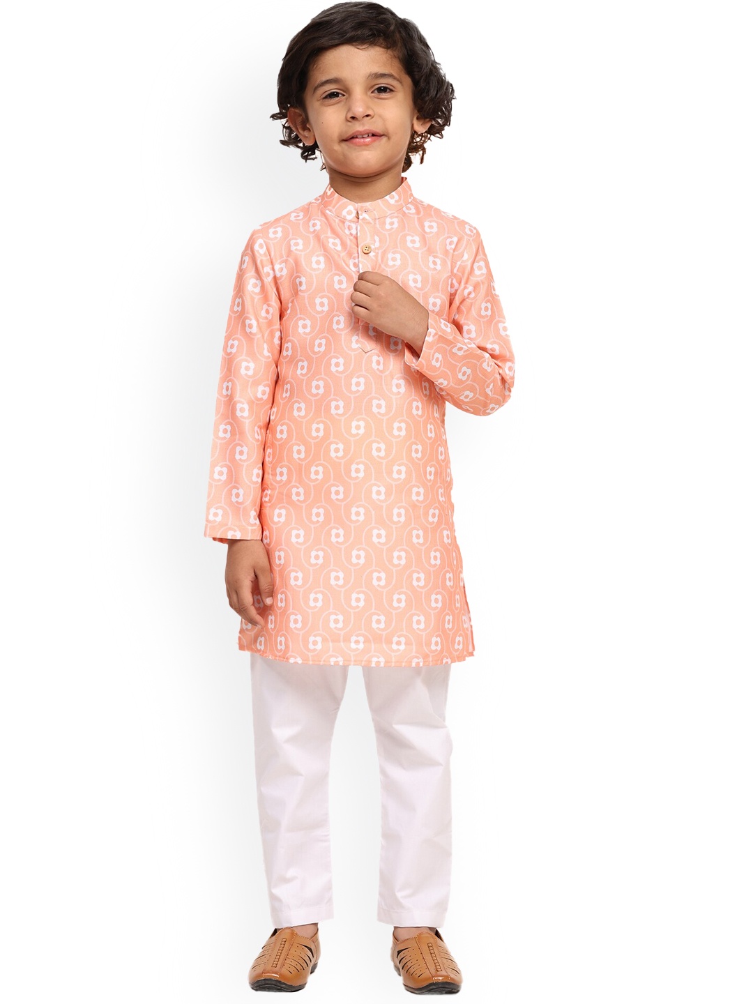 

BAESD Boys Floral Printed Mandarin Collar Linen Straight Kurta With Pyjama, Orange