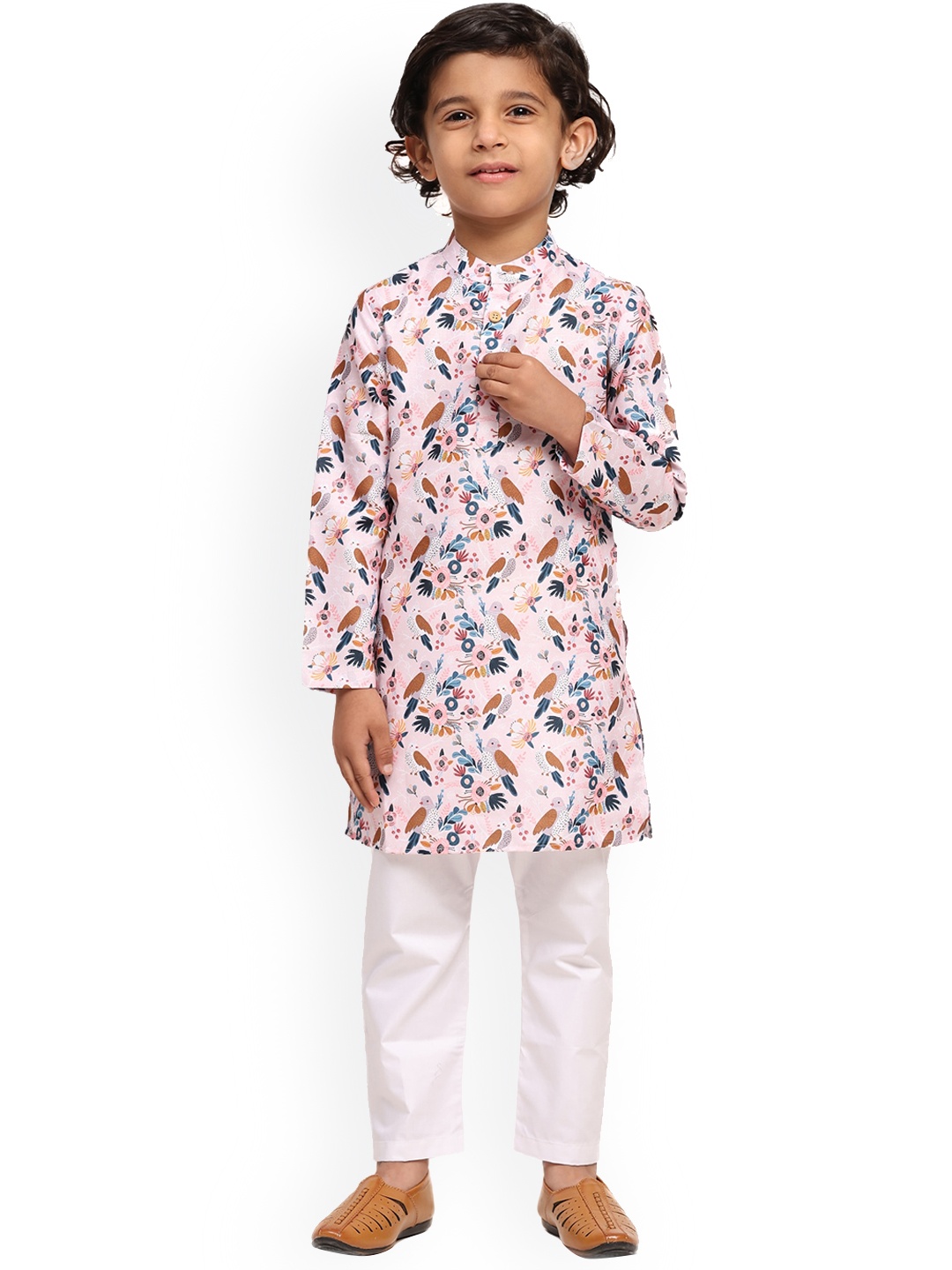 

BAESD Boys Floral Printed Linen Straight Kurta With Pyjama, Pink