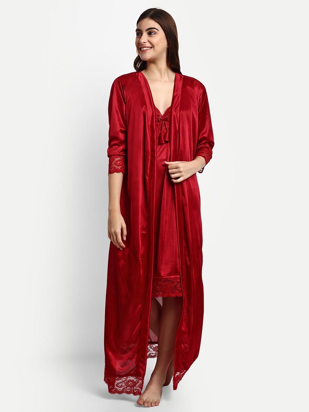 

AVYAY Satin Nightdress With Robe, Red