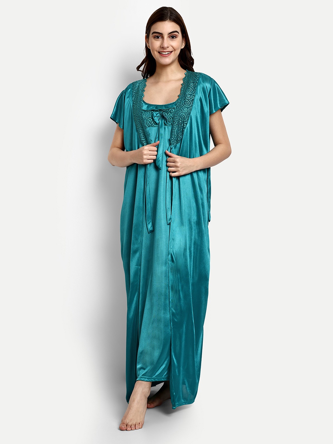 

AVYAY Satin Maxi Nightdress With Robe, Green