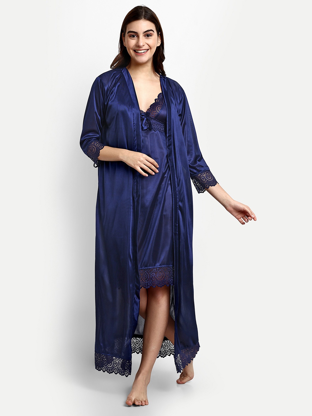 

AVYAY Satin Maxi Nightdress With Robe, Blue