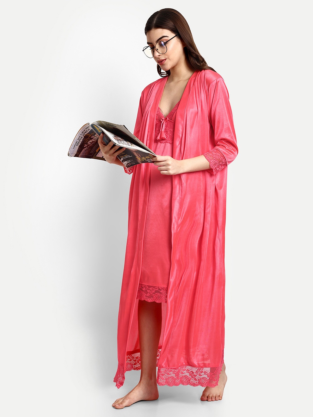 

AVYAY Satin Maxi Nightdress With Robe, Peach