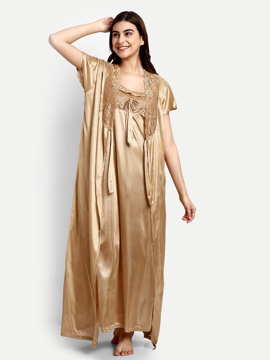 

AVYAY Satin Maxi Nightdress With Robe, Yellow