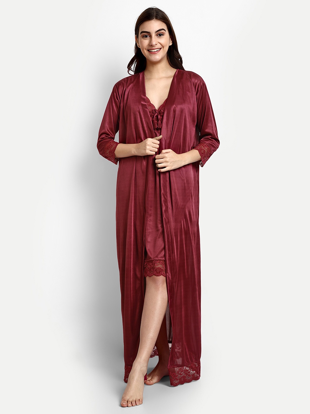 

AVYAY Satin Maxi Nightdress With Robe, Maroon
