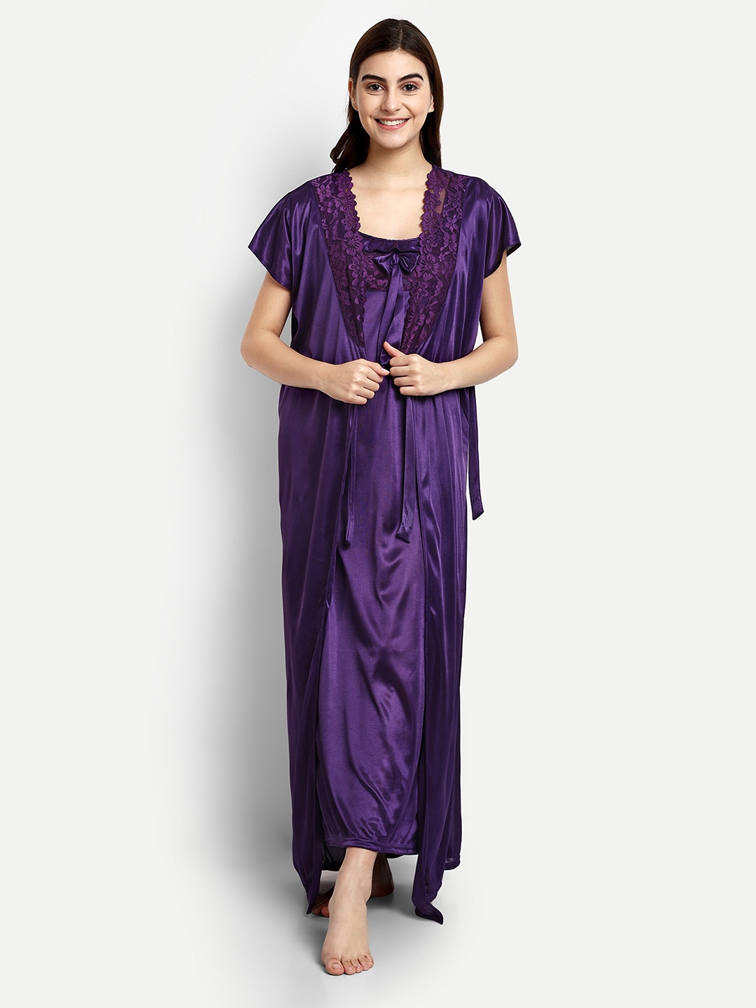 

AVYAY Satin Maxi Nightdress With Robe, Purple