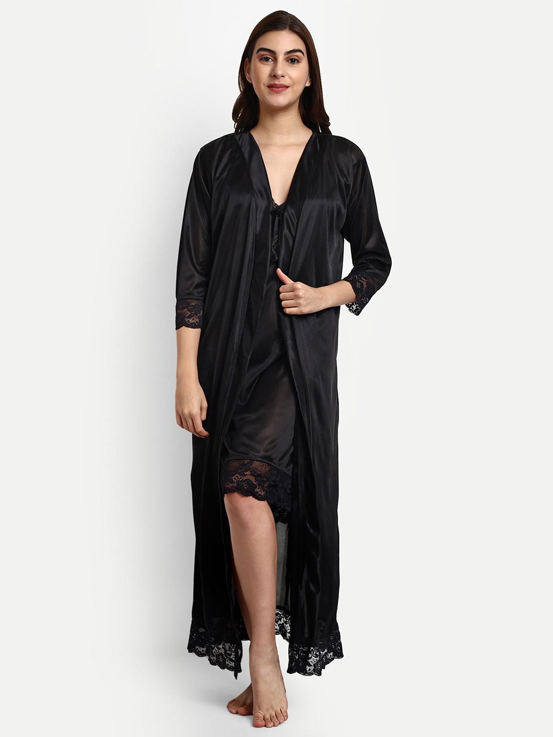 

AVYAY Shoulder Straps Satin Nightdress With Robe, Black