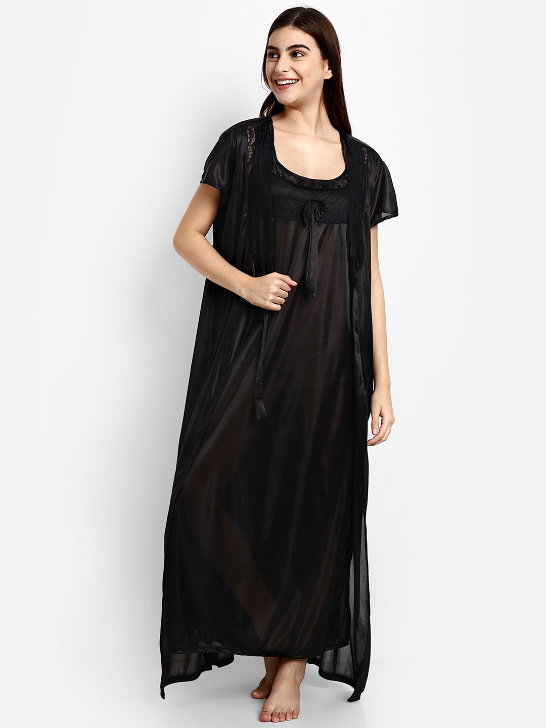 

AVYAY Satin Maxi Nightdress With Robe, Black