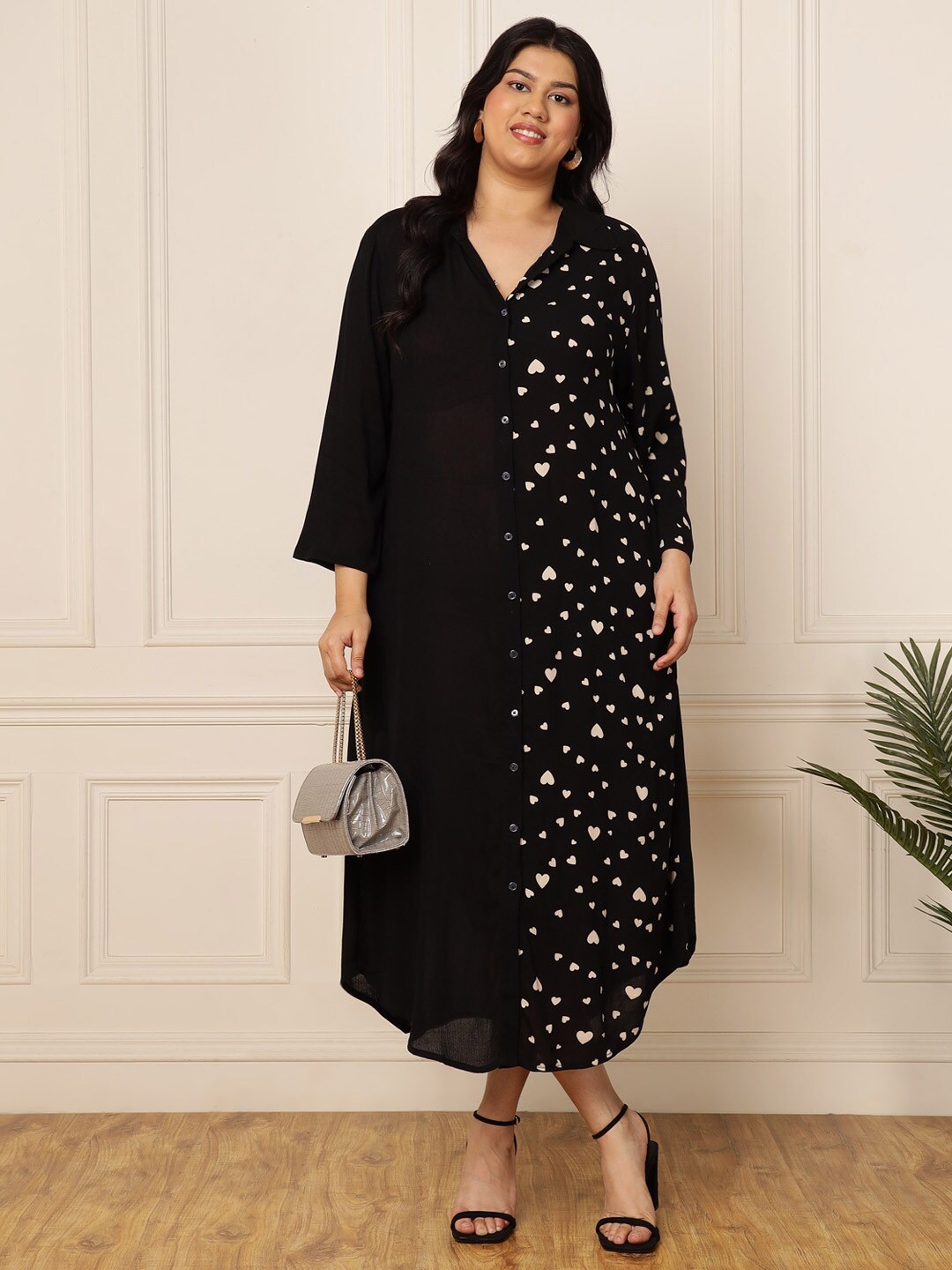 

DEEBACO Plus Size Floral Print Shirt Collar Cuffed Sleeves A-Line Maxi Dress, Black