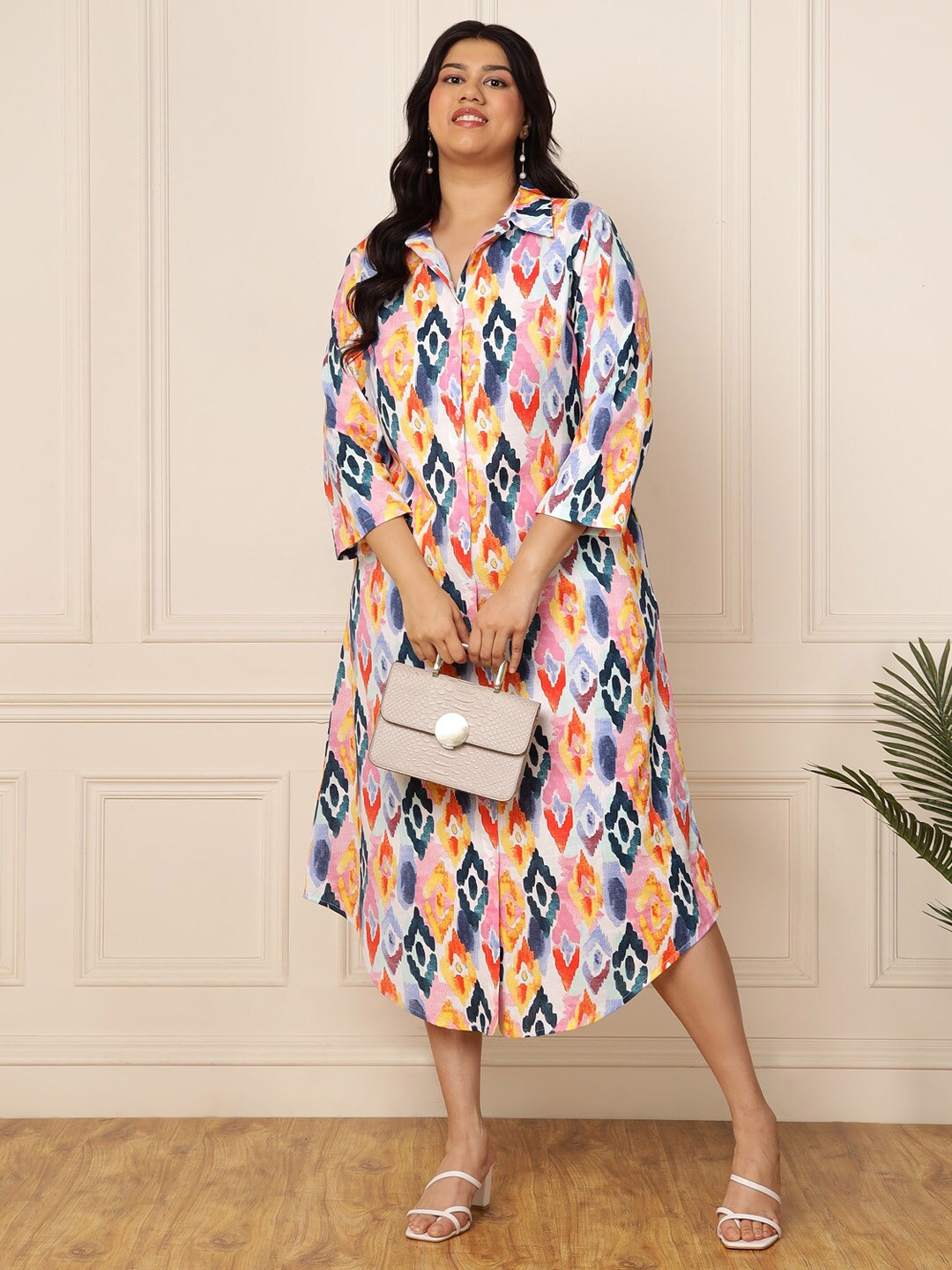 

DEEBACO Plus Size Ikkat Printed Linen Shirt Style Midi Dress, Beige