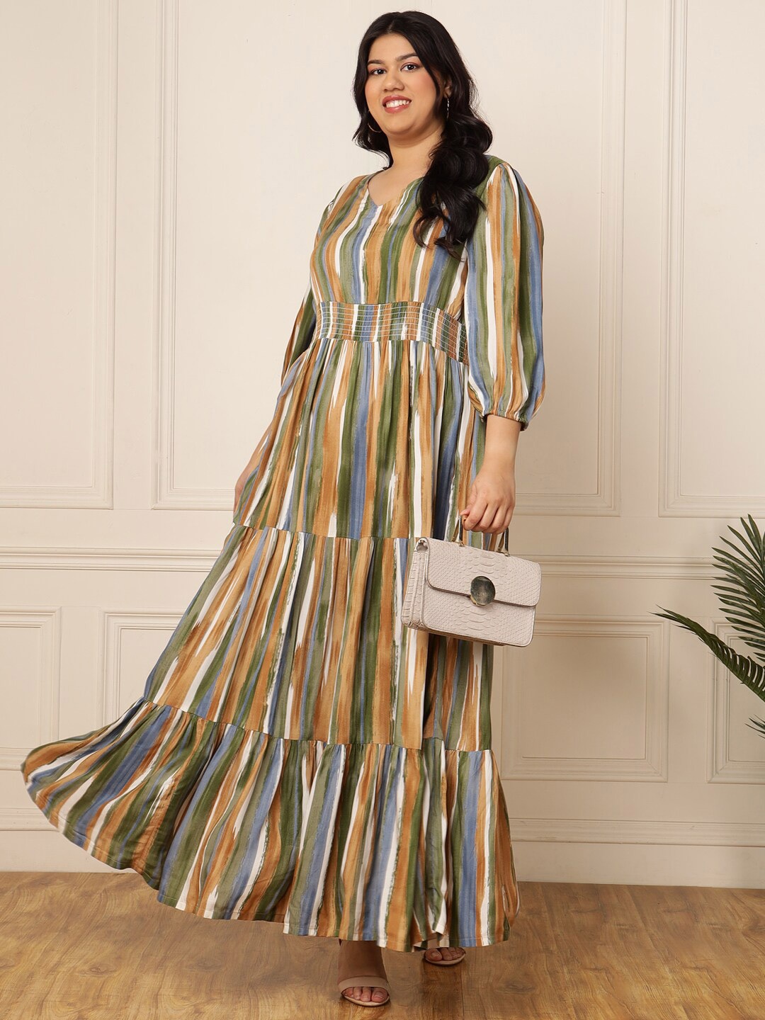 

DEEBACO Plus Size Striped Puff Sleeve Maxi Dress, Brown