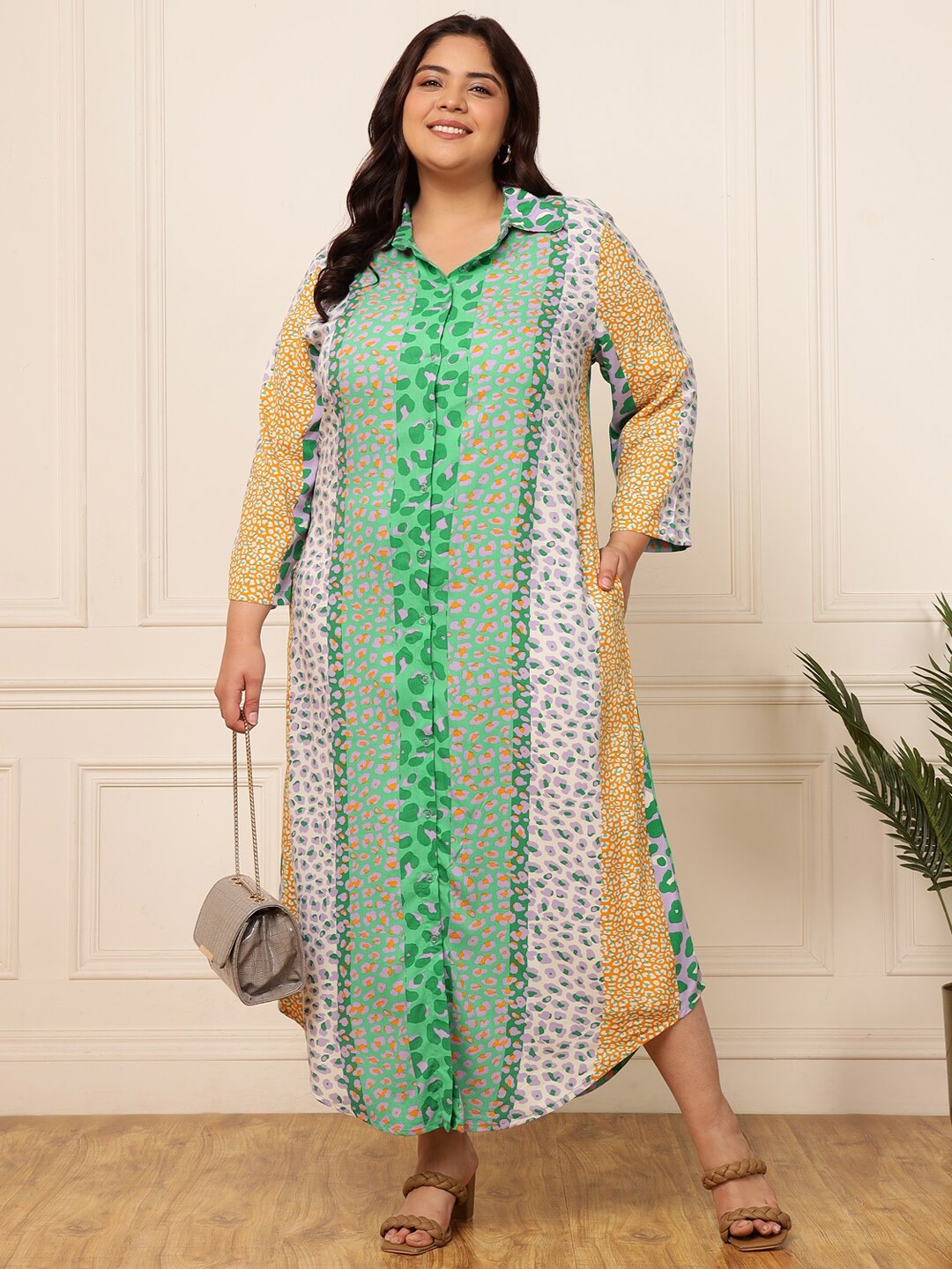 

DEEBACO Plus Size Animal Printed Shirt Style Maxi Dress, Brown