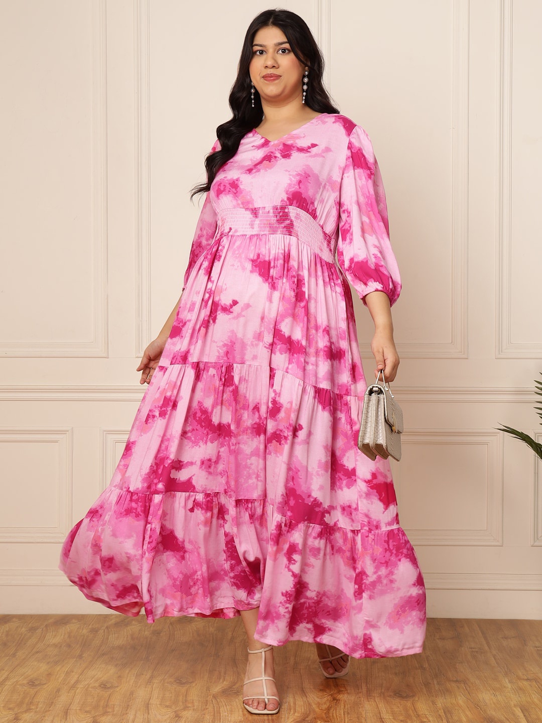 

DEEBACO Plus Size Tie and Dye Printed Puff Sleeve Maxi Dress, Pink
