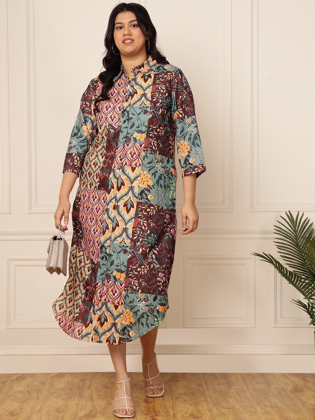 

DEEBACO Plus Size Ethnic Motifs Printed Linen Shirt Style Midi Dress, Brown