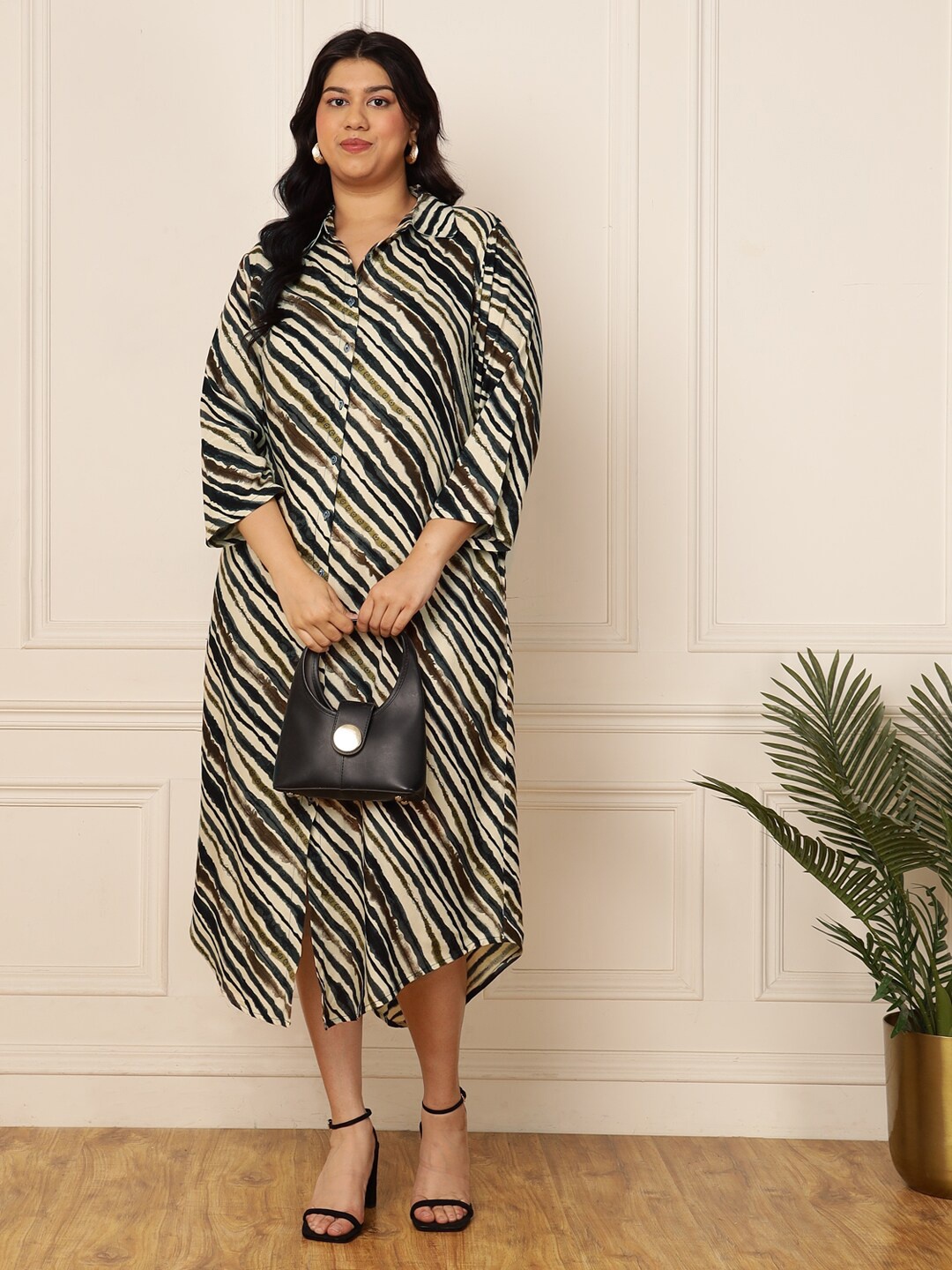 

DEEBACO Plus Size Striped Shirt Midi Dress, Black
