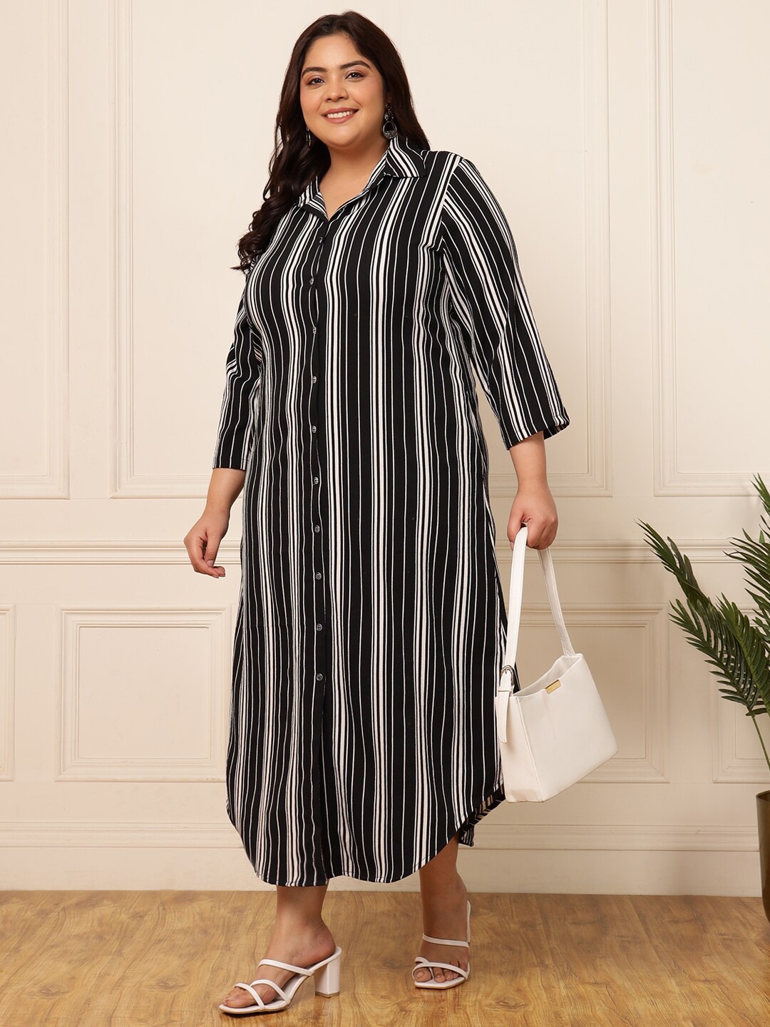 

DEEBACO Striped Shirt Collar Three-Quarter Sleeves Curved A-Line Midi Dress, Black