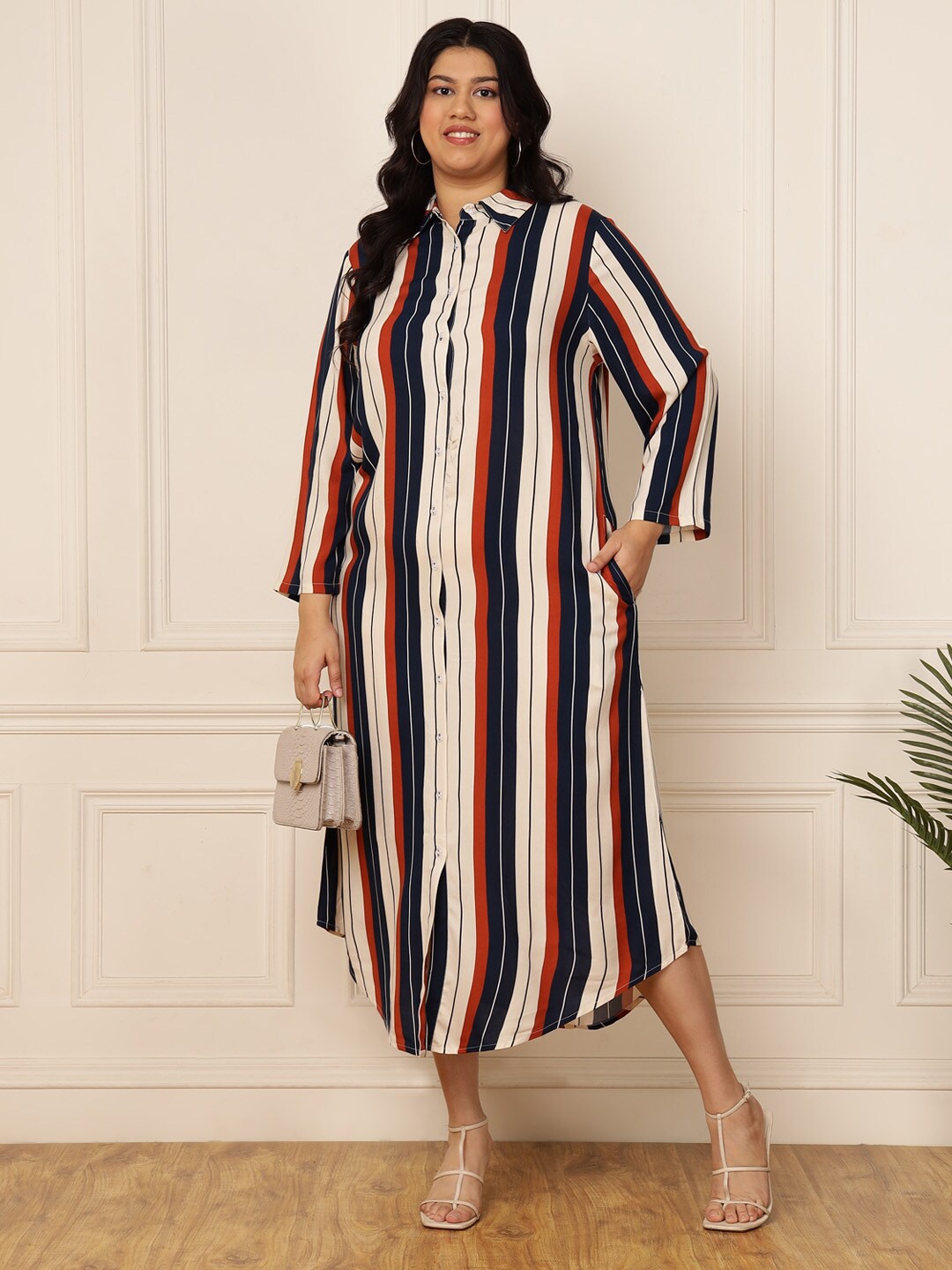 

DEEBACO Striped Shirt Collar Curved A-Line Midi Dress, Black