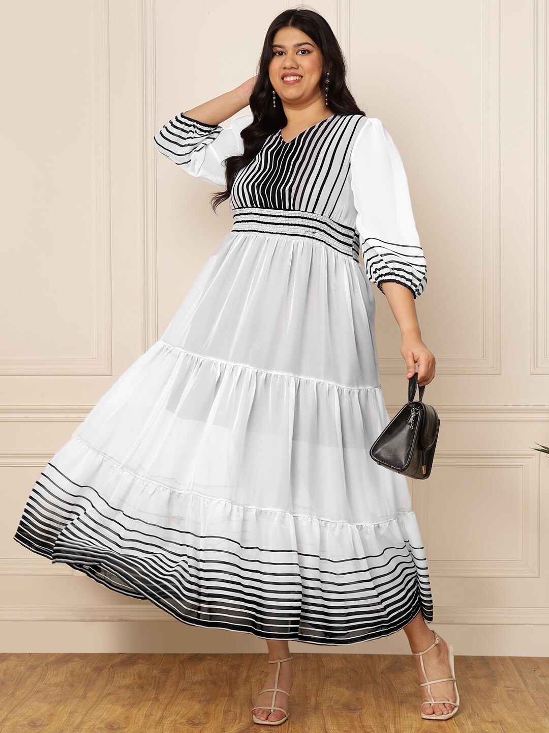 

DEEBACO Plus Size Striped Puff Sleeve Georgette Maxi Dress, White