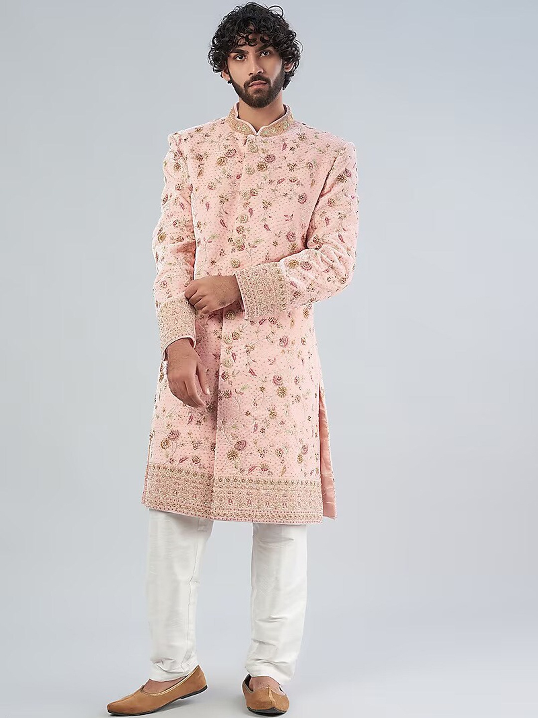 

RNG Safawala Embroidered Mandarin Collar Silk Sherwani Set, Peach