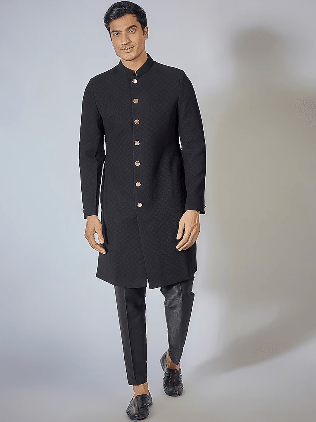 

RNG Safawala Embroidered Mandarin Collar Silk Sherwani Set, Black