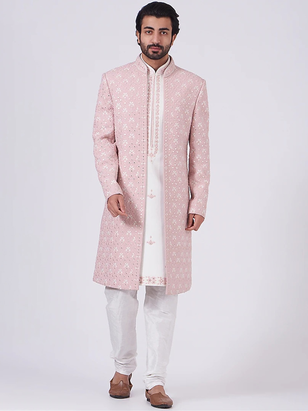 

RNG Safawala Embroidered Bandhgala Jacket Sherwani Set, Pink