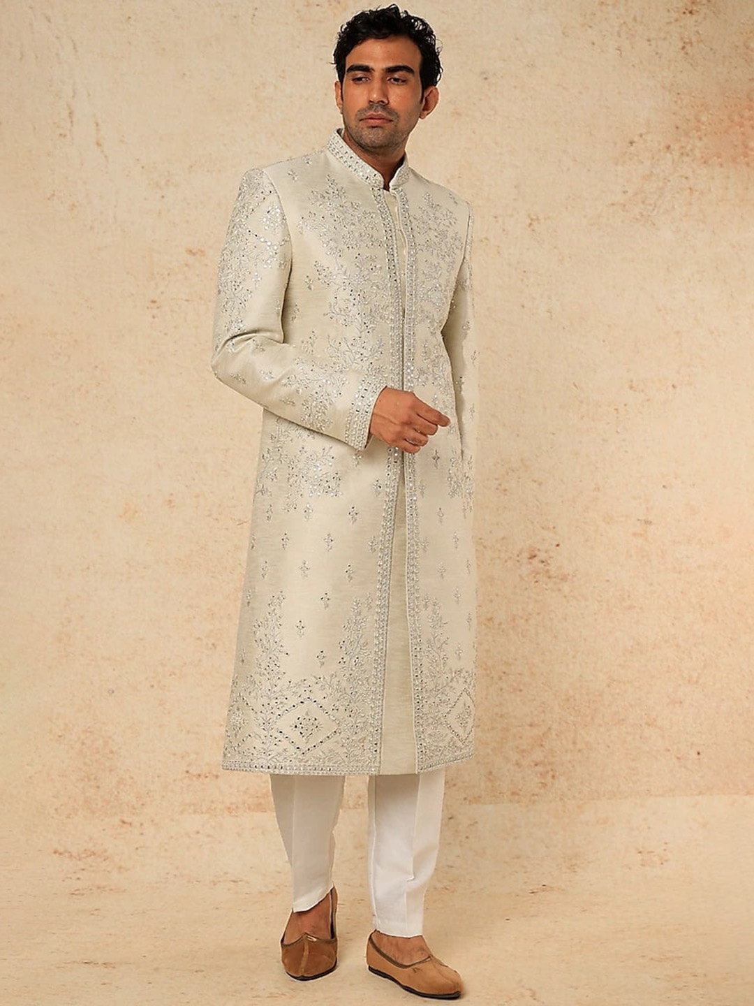 

RNG Safawala Embroidered Mandarin Collar Silk Sherwani Set, Grey