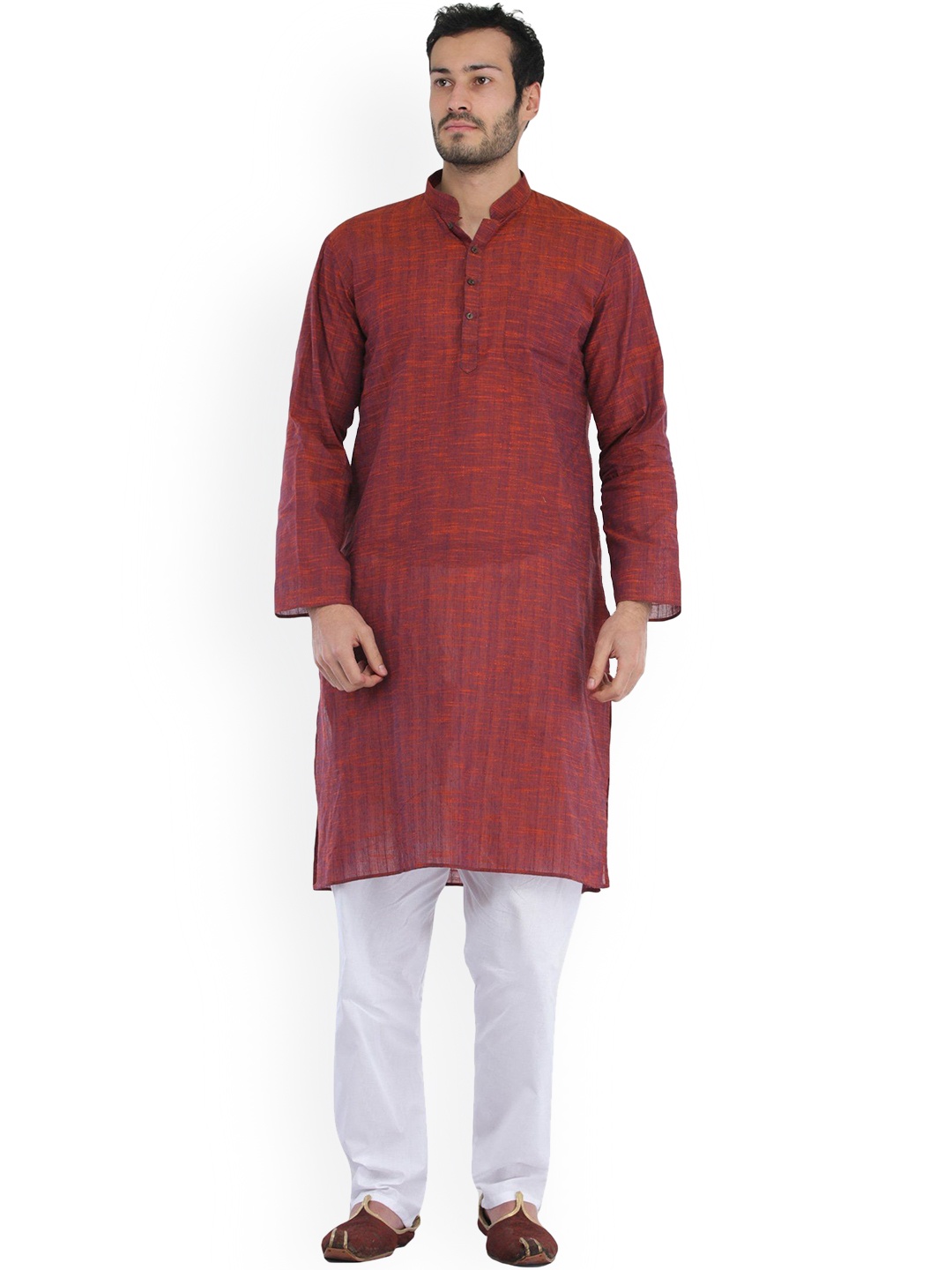 

Exotic India Apple Butter Pure Cotton Casual Kurta Pajama Set with Straight Stitch, Red