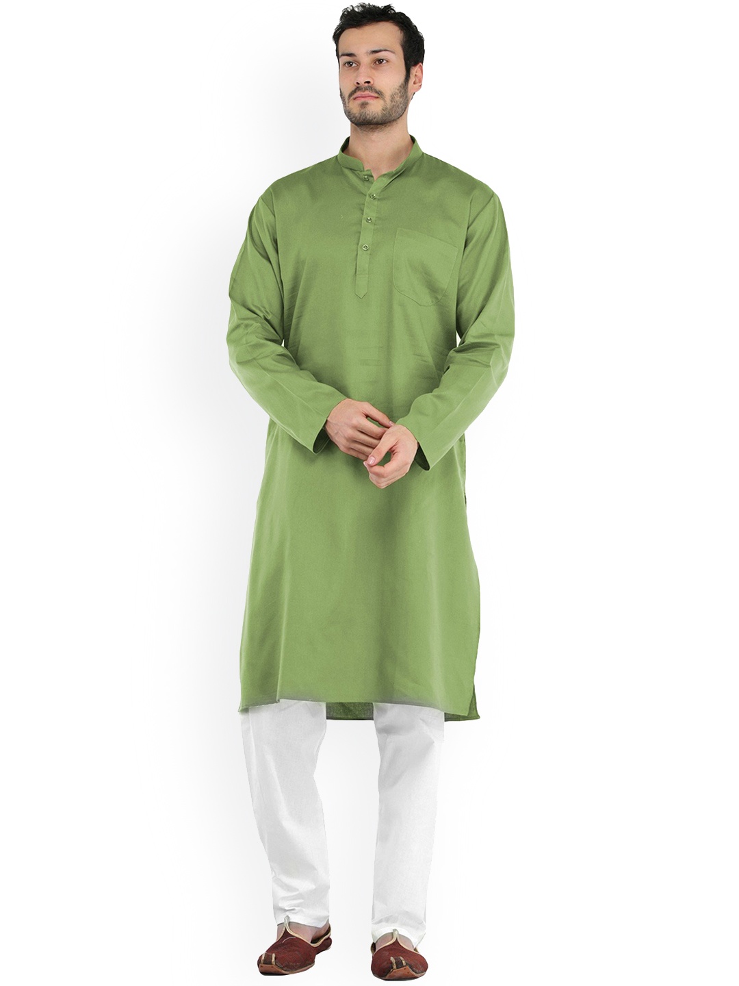 

Exotic India Cotton Plain Casual Kurta with Pajama Set, Green