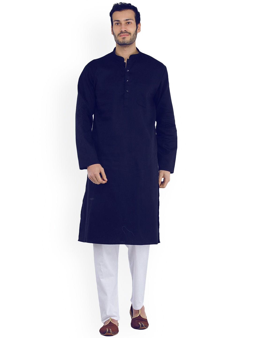 

Exotic India Solid Mandarin Collar Knee Length Pure Cotton Kurta with Pyjamas, Blue