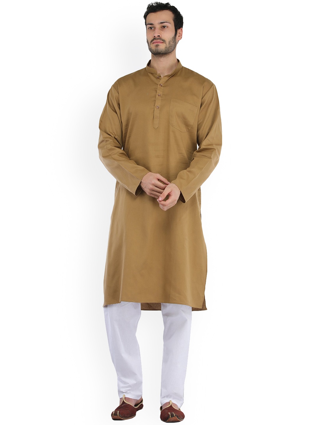 

Exotic India Cotton Plain Casual Kurta with Pajama Set, Gold