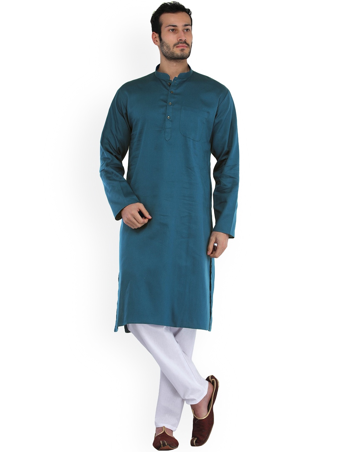 

Exotic India Cotton Plain Casual Kurta with Pajama Set, Blue