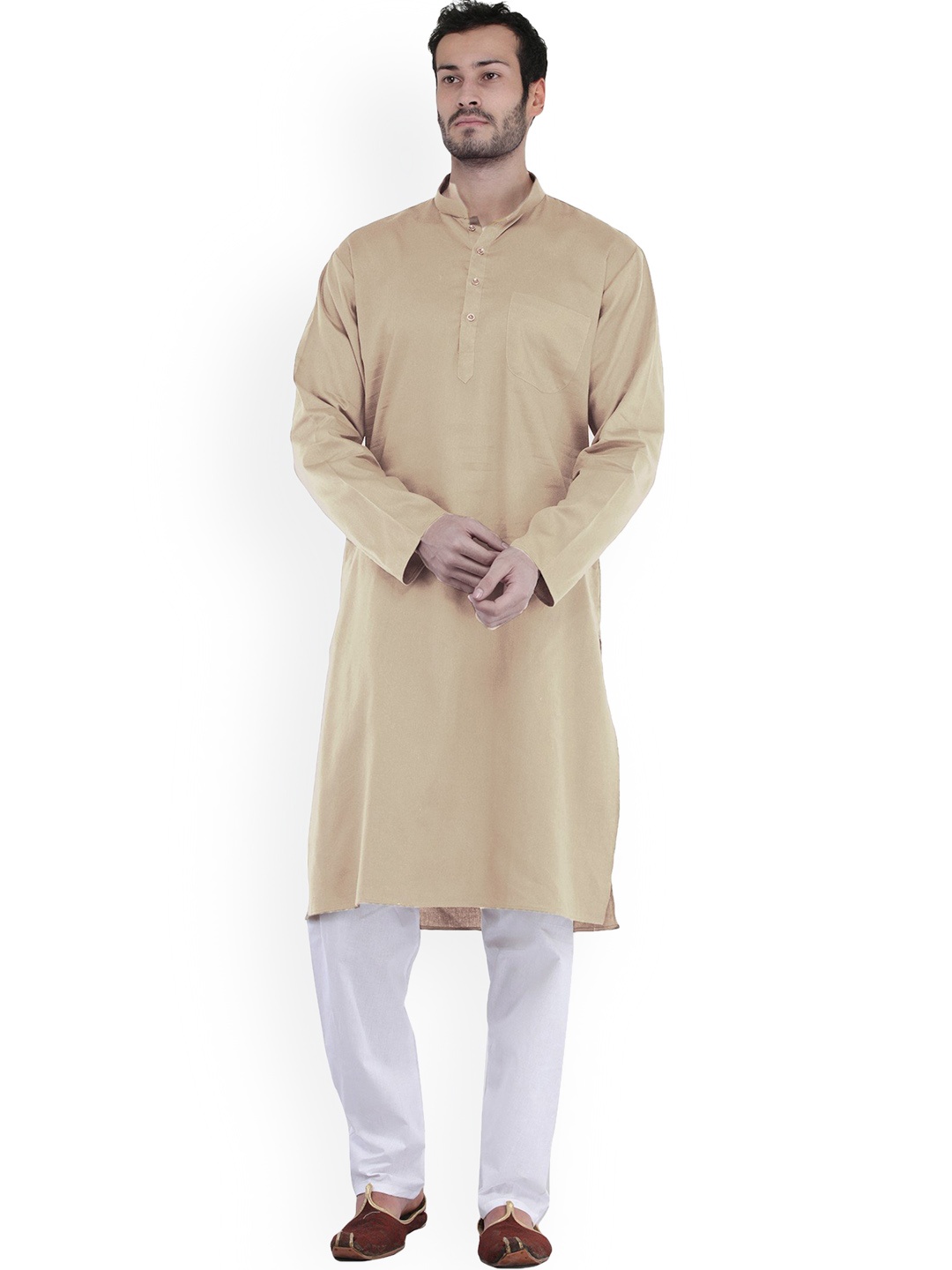 

Exotic India Pastel Rose Tan Cotton Plain Casual Kurta with White Pajama Set