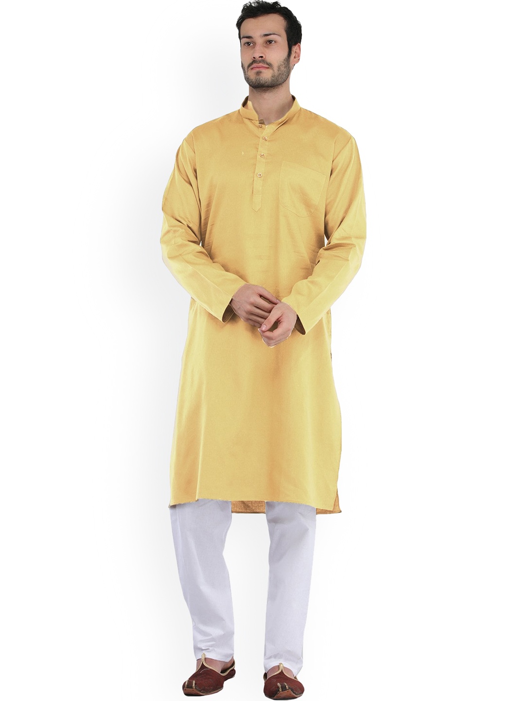 

Exotic India Cotton Plain Casual Kurta with Pajama Set, Cream