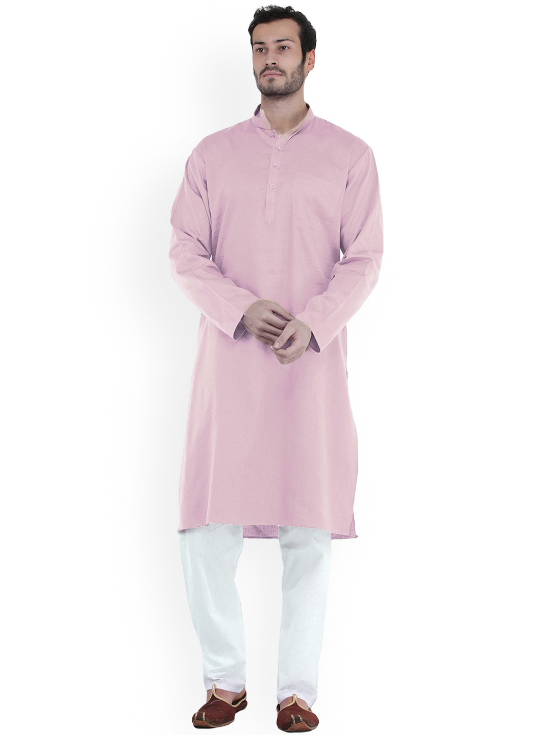 

Exotic India Cherry Blossom Cotton Plain Casual Kurta with White Pajama Set, Pink
