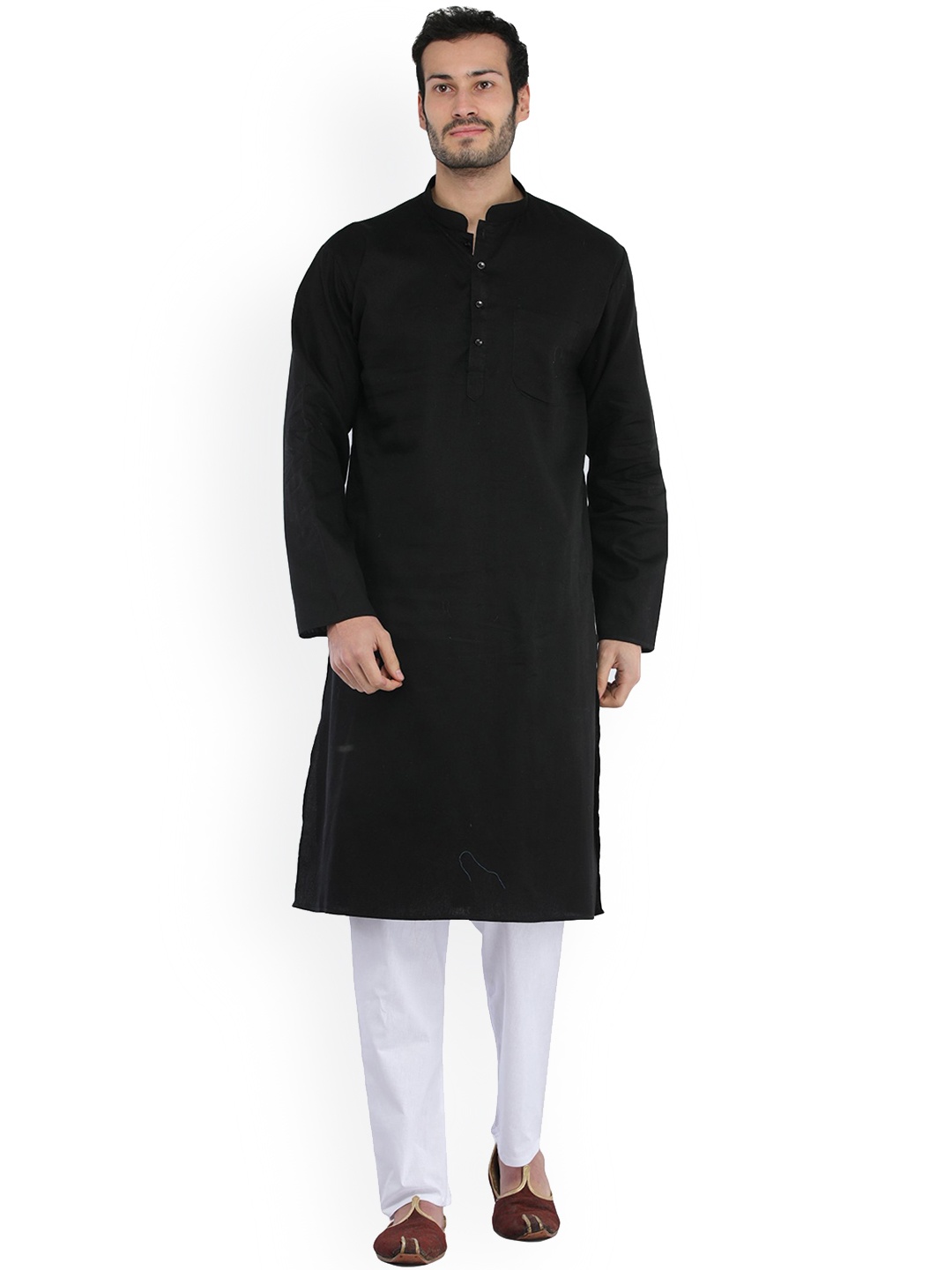 

Exotic India Cotton Plain Casual Kurta with Pajama Set, Black