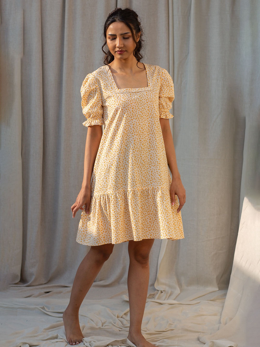 

Seryeon Print Puff Sleeve Square Neck Liva A-Line Dress, Yellow