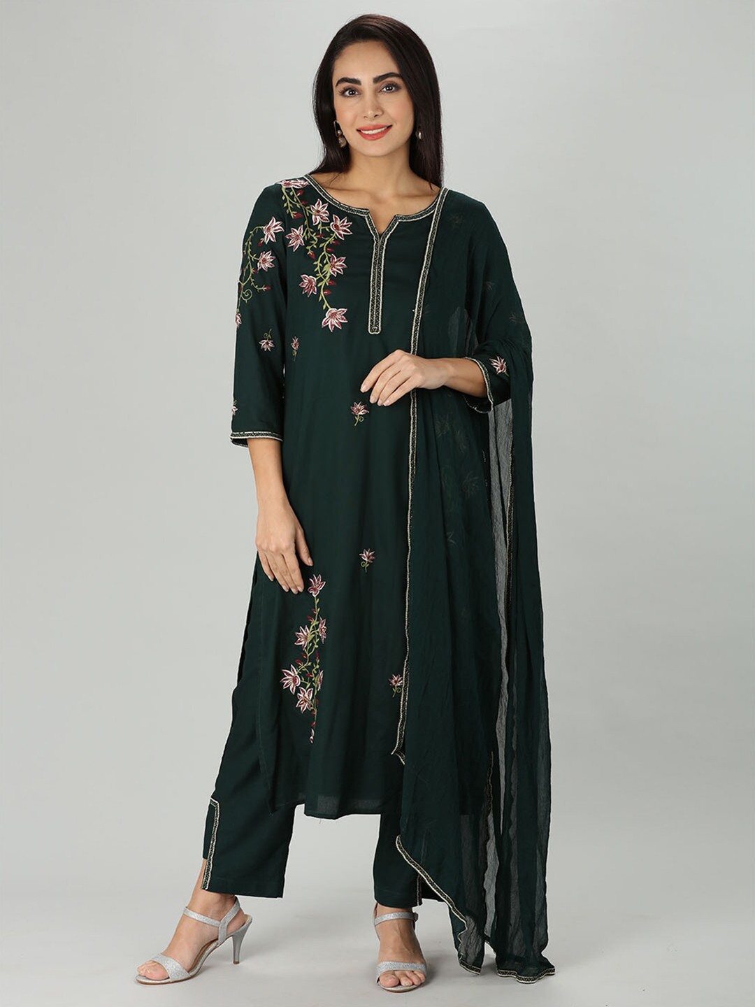 

Mustard Women Embroidered Trousers, Green